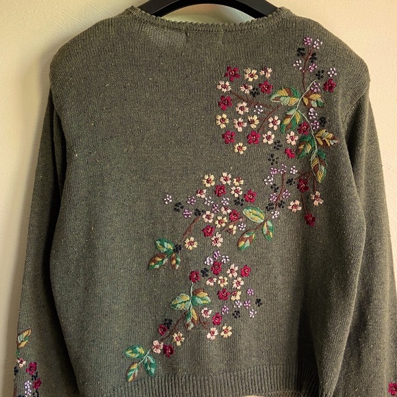 Vintage Tiara Green/Gray Floral Embroidered Cotton/Ramie Cardigan PL - Picture 2 of 14